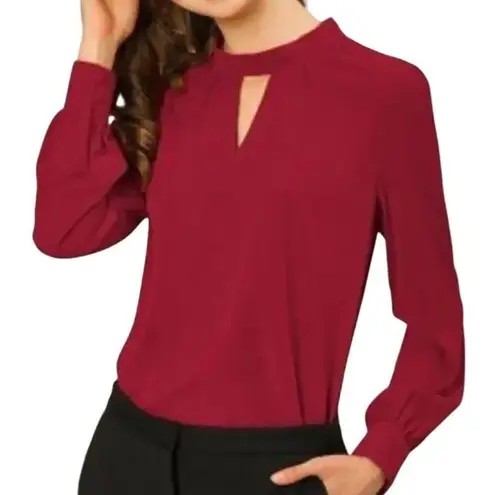 Allegra K Stand Collar Long Sleeve Chiffon Burgundy Blouse, Size L, New with Tag