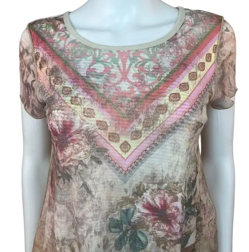 Sundance Catalog Floral Mesh Overlay Short Sleeve Top