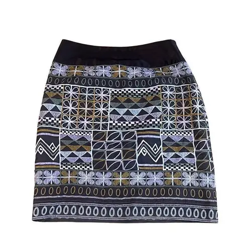 Etcetera Italian Brown Embroidered 100% Silk Geometric Pattern Womens skirt 6