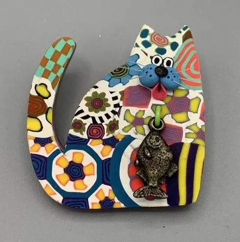 Unique Multicolored 3D Cat Brooch with Fish Charm Cat Lovers Vintage Kitty Boho Size 0