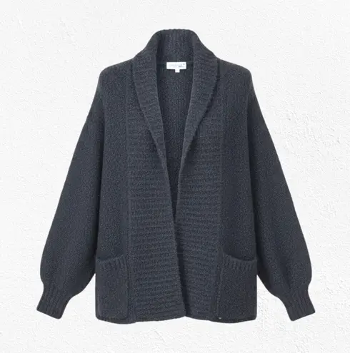 1980s Black Boucle Knit Shawl Cardigan Minimalist Wool Blend Jacket Size Small
