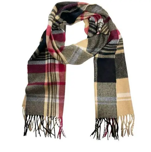 Women’s Better Than Cashmere red tan black plaid fringe scarf