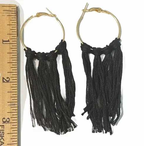 None Bohemian Boho Fringe Tassel Hoop Earrings Black Tassels Statement Earrings Small