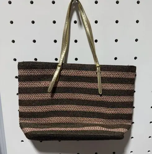 Brown & Pink Striped Woven Tote Bag with Gold Straps