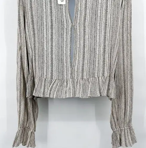 Glam Striped Print Ruffle High Neck Balloon Long Sleeve Open Back Blouse Top