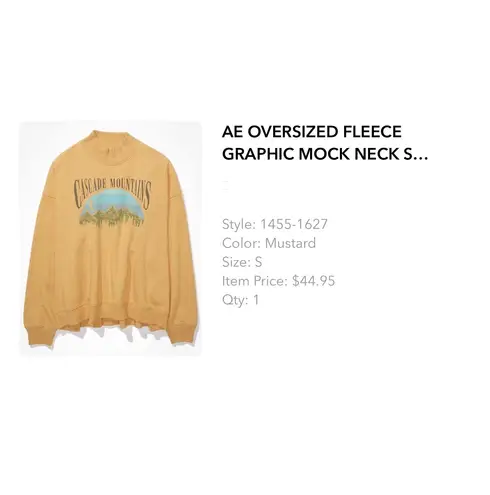 American Eagle Oversized Fleece Graphic Mock Neck Sweater- Mustard