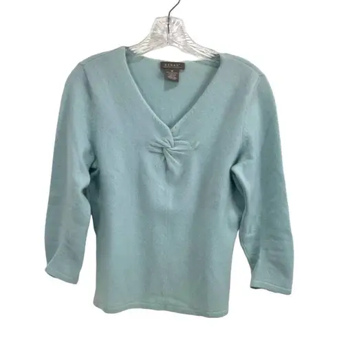 Kenar Medium Green Cashmere V-neck Blue Long Sleeve Cashmere Sweater 10d