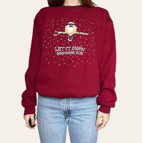 Morning Sun 2000s funny vintage winter snowy bird crewneck Large Red