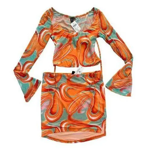 Windsor  - Funky Fresh Swirl Mesh Crop Top & Mini Skirt in Orange & Teal