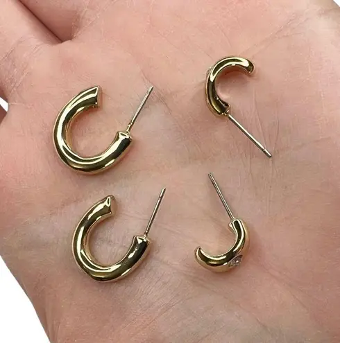 Shiny Gold Tone Huggie Hoops Rhinestone Pierced Earrings Set