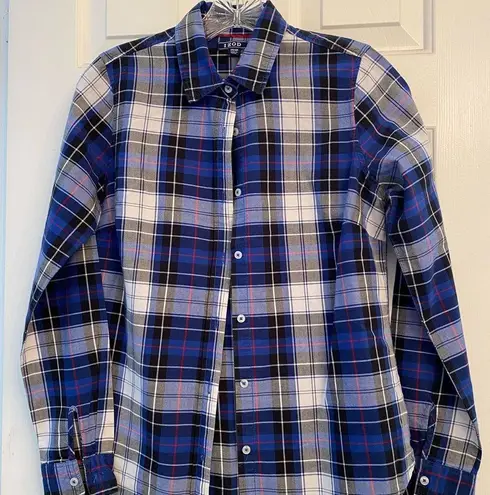 IZOD Blue & White Plaid Long Sleeve Button Up Shirt XS