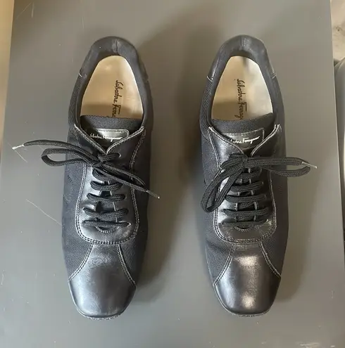 Salvatore Ferragamo Black Wedge Lace Up Sport Shoes $740 EUC US Wmn 7