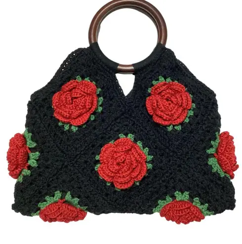 Crochet Rose Tote Bag โ Black & Red Handmade Boho Floral 70s-Inspired Purse