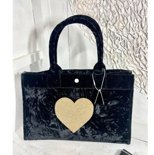 NWT Quilted Koala Crushed Velvet Midi East West Bag w/ Gold Glitter Heart Strap Black