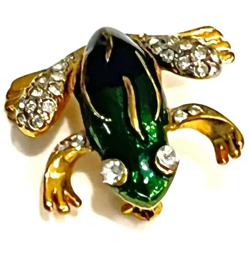 FROG BROOCH PIN 1" Enameled Gold Blue Green Crystal Rhinestone