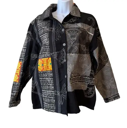 VTG Chico's Design Jacket Black Gray Embroidered Patchwork Art To Wear Size 2 L Size L