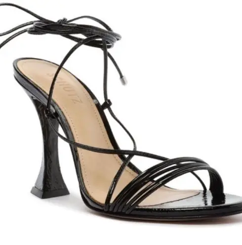 Schutz Arceli Black Patent Leather Ankle Wrap Sandals Heels Women’s 6.5
