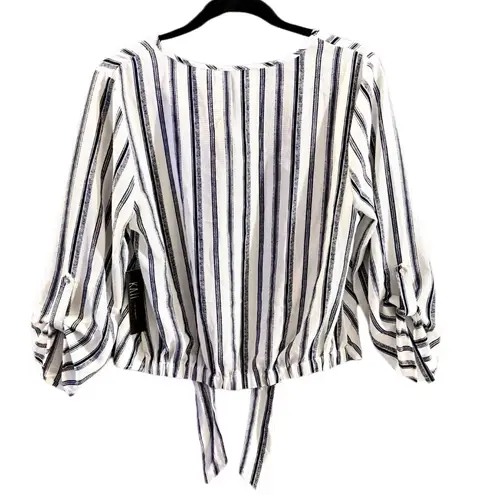 Kaii Los Angeles Tie Front , Roll Tab Sleeve, Blue Striped Blouse Size L