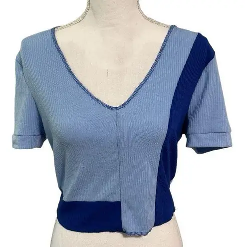 Boutique Blue Ribbed Colorblock Inside Out Cropped Top NWOT Size L