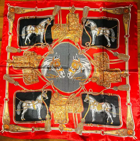VINTAGE Equestrian RED & BLACK Horses and Tassels Print silky Scarf 35’/35’