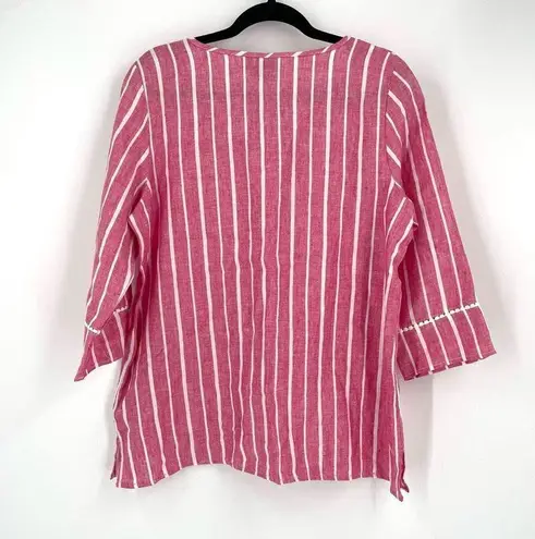 Rafaella Linen Striped lace Tie Top Pink White Large nautical July 4 coastal EUC