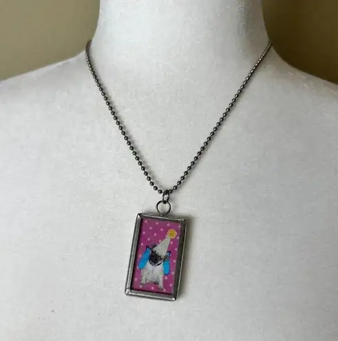 Pug in Hat Silver Frame Necklace Pendant Charm Beaded Chain