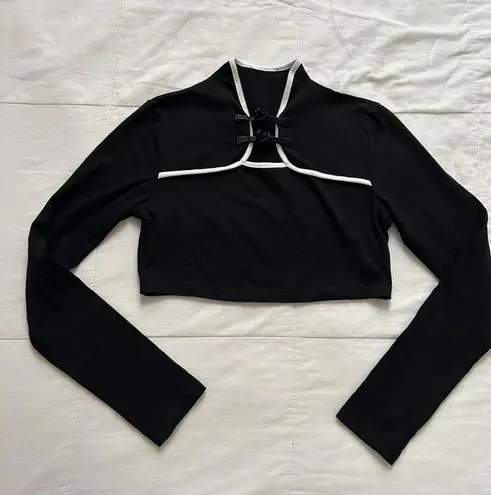 Black and white long sleeve crop top with chinoiserie inspired details