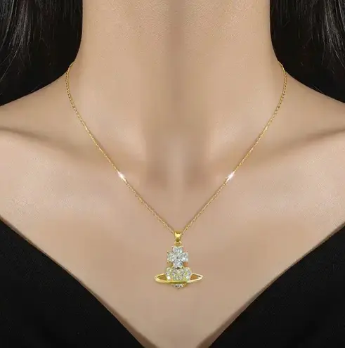 18K Gold Plated Flower Planet Light Luxury Temperament Gorgeous Full Diamond Necklace Multi