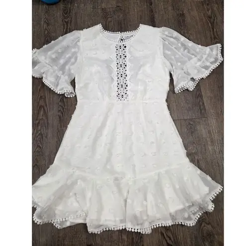 INDIKAH White Short Flutter Sleeve Ruffled Open Back Short Dress Medium
