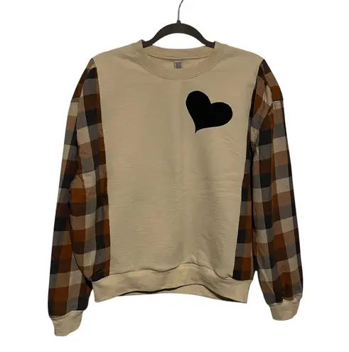 Handmade Unique One of a Kind Flannel Sleeve Love Your Neighbor Cream Sweatshirt M L