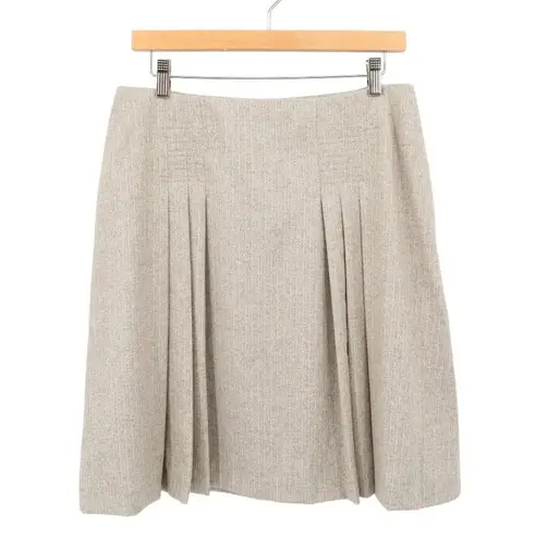 Carolina Herrera Beige Wool Herringbone Stripe Pleated Skirt 14