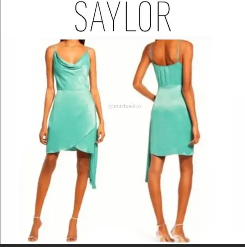 Saylor Mykonos Teal Cowl Neck Satin Dress