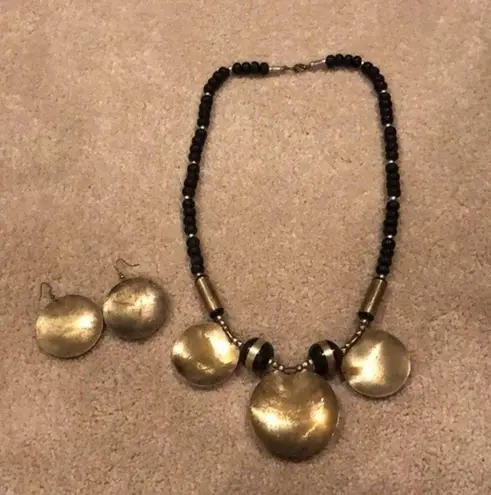 Vintage Mixed Medal Medallion Copper Brass Wood Boho Necklace and Earring Set