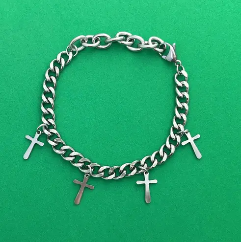 Titanium Steel Link Chain Cross Charm Bracelet for Men,Unisex Hip Hop Bracelet Silver