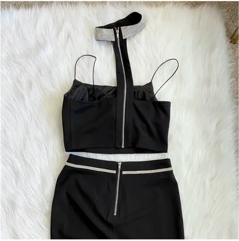 Women’s 2 Piece Set Black Crop Top & Belted Skirt w/ Jeweled Choker Clubwear