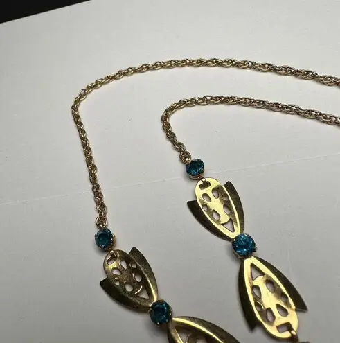 Retro Gold Tone Blue Rhinestone Y Drop Necklace