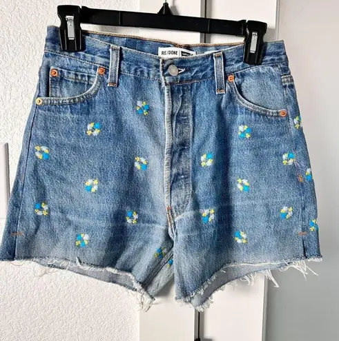 $265 RE/DONE x LEVI'S HIGH RISE THE SHORT FLORAL INDIGO SZ 25 Blue