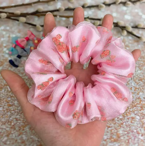 Pink Strawberry Filled Scrunchie Shaker Scrunchie Organza Satin Scrunchie