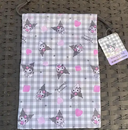 Sanrio Black White Pink Gingham Drawstring Bag With Kuromi