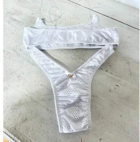 Heart of Sun Eyelet Bikini Top & Low Rise Bikini Bottom Swimset Set White S