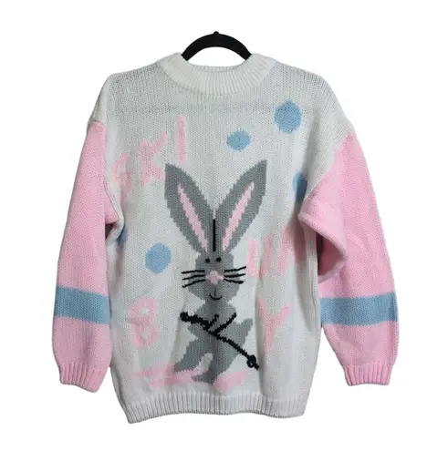 Ski Bunny Sweater White Pink Blue Graphic Crew Neck VTG Knit Sweater FLAW Size undefined