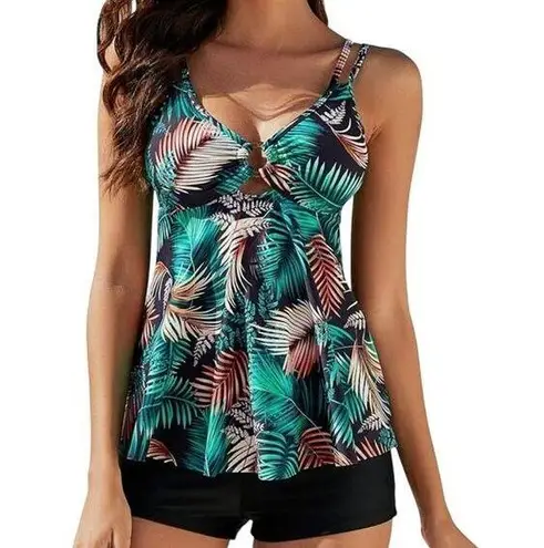 NWT ~ Women's Black & Green Tropical Tankini & Tummy Control Boy Shorts ~ XL