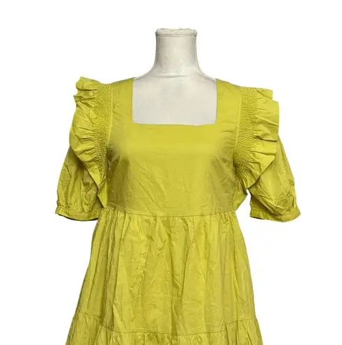 English Factory Puff Short Sleeve Midi Dress Square Neck Ruffle Smocked Detail S