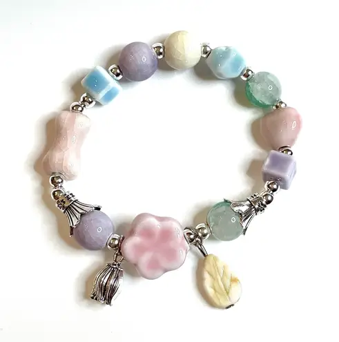 Pink Flower Bracelet Pastel Blue Purple Green Ceramic Beads Silver Stretchy