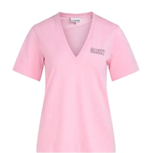 Ganni Pink V-Neck Software Jersey Rosa Crewneck Logo Tee Size Medium