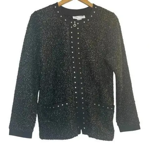Cathy Daniels Black Gray Tweed Boucle Cardigan Sweater Jacket Full Zip Medium