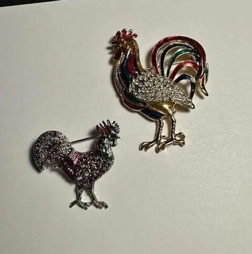Lot Of 2 Bird Rooster Chicken Brooch Pins Enamel & Rhinestone