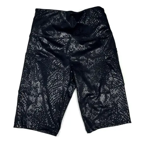 Shosho Black High Waisted Athletic Metallic Skakeskin Print Pocket Biker Shorts