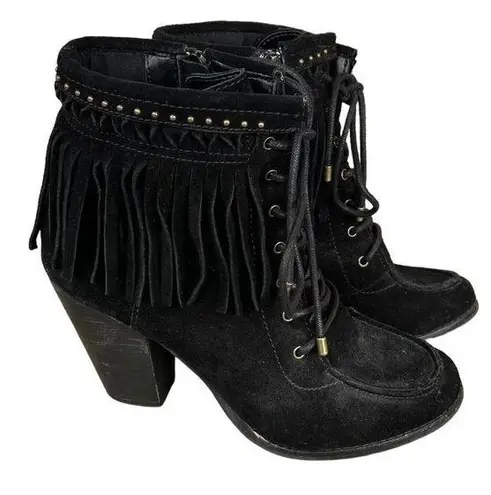 Gianni Bini  Black Suede Leather Fringe Studded High Heel Ankle Boots Size 8M