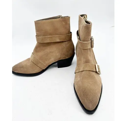 All Saints Lior Suede Leather Zip Western Block Heel Ankle Booties Desert Tan 36 Size 6